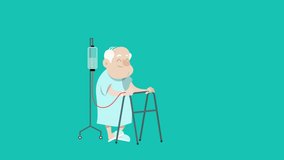 video illustration of an elderly man on crutches content in a clinic, elderly people in hospitals.