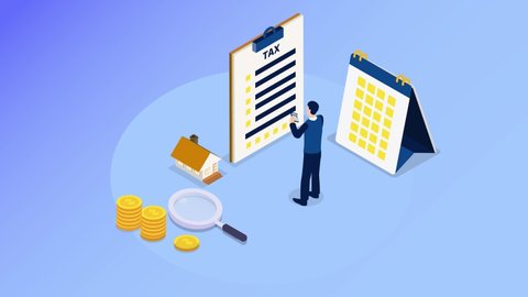 Young businessman animation using a calculator to counting house tax while standing with calendar. Cartoon in 4k resolution