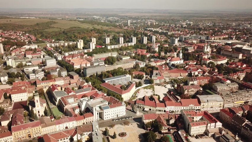 Cinematic aerial drone dolly footage of downtown Miskolc, fourth largest city and a major industrial hub, Northern regional center of Hungary, capital of Borsod-Abaúj-Zemplén county