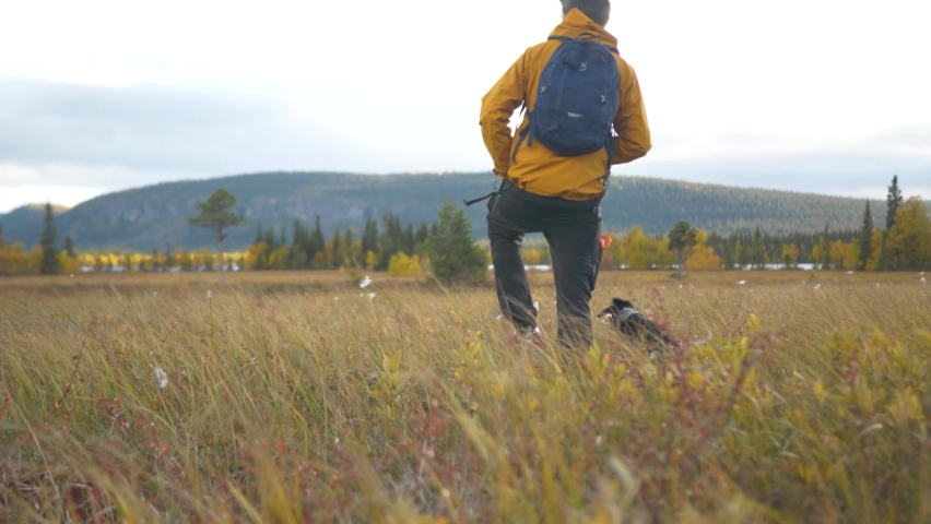 Cute little dog accompanying owner on trail walk through Grassland - Wide slide tracking slow-motion shot Royalty-Free Stock Footage #1072588211