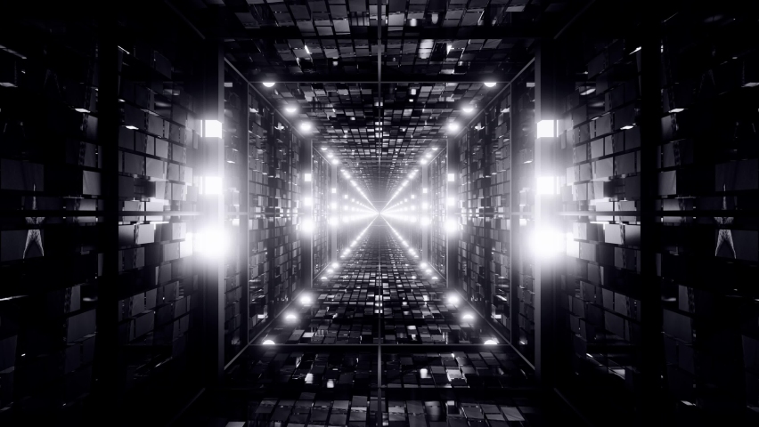 Dark gloomy monochromatic square shaped tunnel. Vj loop of cifi glass structures. Lights leading into the distance Royalty-Free Stock Footage #1072588253
