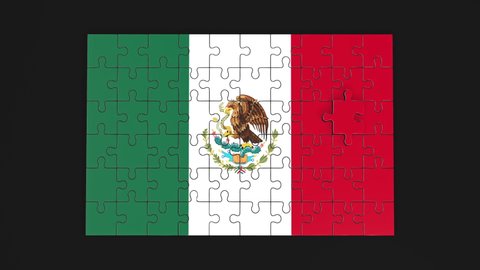 Animation of jigsaw puzzle assemble. Problem solving and completing concept. Mexico national flag integration. Symbol of association and connection. Isolated on dark background.
