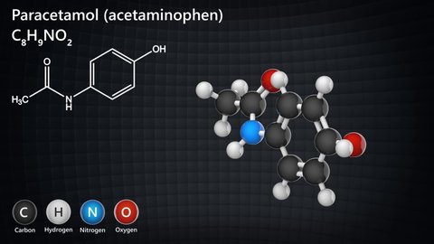 Molecular structure of paracetamol (acetaminophen), medication used to treat pain and fever. C8H9NO2. 3D render. Seamless loop. Chemical structure model: Ball and Stick.