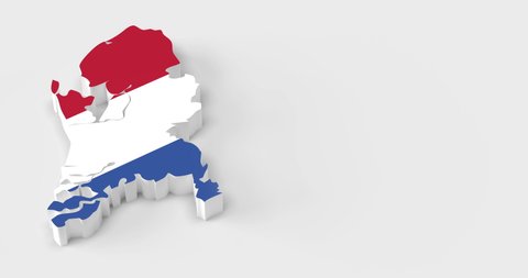 3D rendered, Netherlands map with national flag and silver beveled edges. Falling from above and venting some dust on white background  Large copy space and full 4K resolution.
