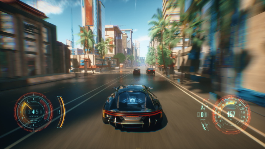 Fake 3D video game. 4K racing around the city