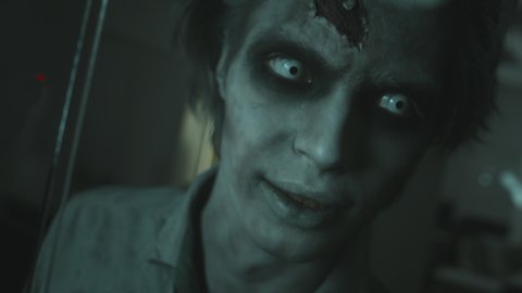 Close up shot of creepy zombie man with white contact lenses and SFX makeup looking around in darkness with lights flashing