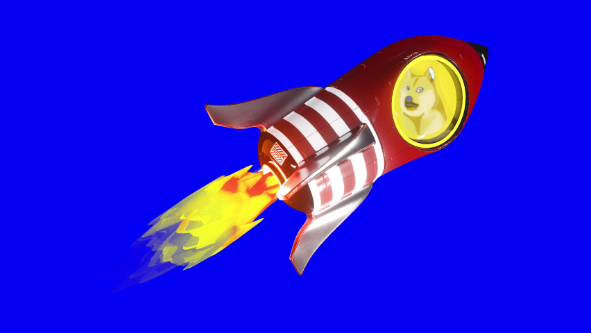 3d rendering motion looping of the Dogecoin (DOGE) token cryptocurrency riding the red rocket flying to the moon, isolated on the blue screen background. | Shutterstock HD Video #1072604435