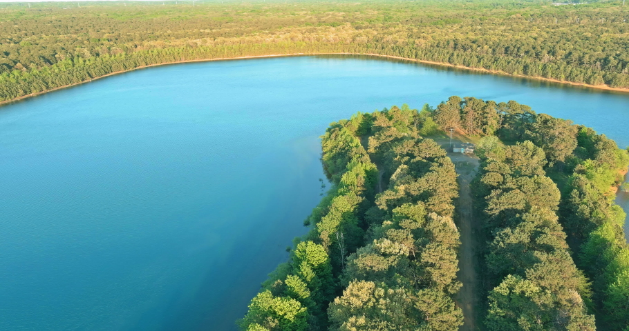 Scenic view of a lake water landscape scene between in green summer forest
