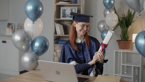 college graduate, joyful female student in mantle and an academic cap is happy ending distance learning from university and received diploma online, young woman with friends celebrating graduation by