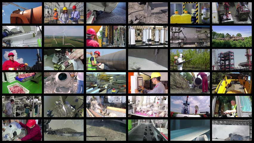 Industrial Production Conceptual Multi Screen Video. Collage of Video Clips Showing People of Different Professions at Work. Professional Occupations. People At Work. Industrial Media Wall. Royalty-Free Stock Footage #1072613078