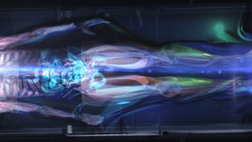 Amazing shot of Human Body  Hologram Showing health indicators. Brain, Heart, Veins, Organs, Skeleton Bones and Full Anatomy of the Male Patient. Scanner using Artificial Intelligence. Futuristic  - Powered by Shutterstock - Get 15% off with code: PIKWIZARD15