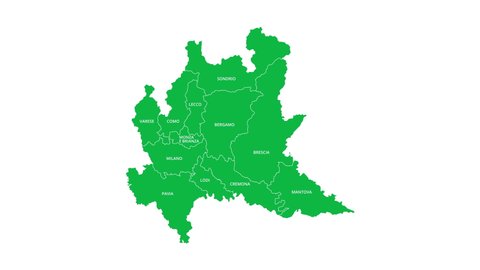 Lombardy region showing up intro with provinces on white background - 4k animated video graphic.