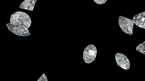 Falling diamonds on black background seamless loop. Luxury shiny gemstones flying with beautiful reflections. Looping 3D animation with alpha matte. Jewelry and wealth concept transition. 4k 30 fps