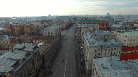 Aerial view of traffic on Tverskaya Street near the Moscow Kremlin. historical part of Moscow