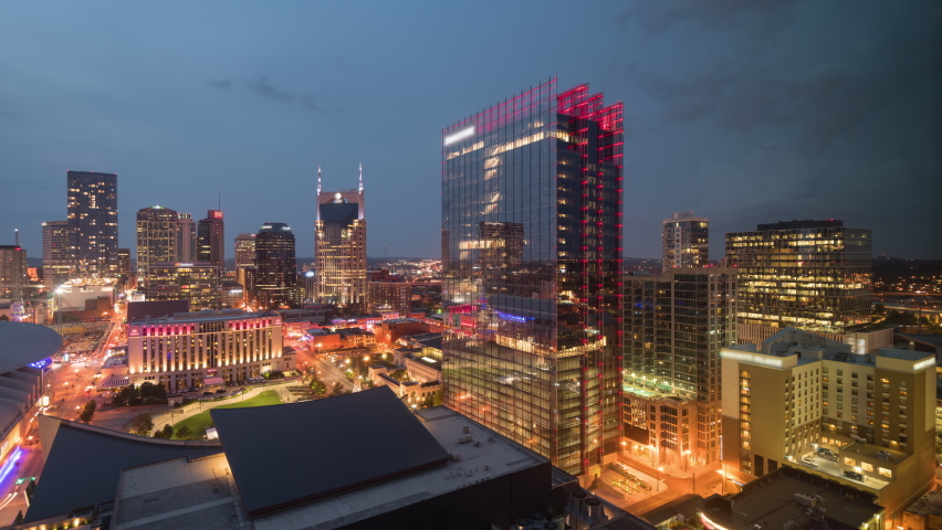 Nashville, Tennessee, USA downtown cityscape  from dusk to night. | Shutterstock HD Video #1072628312