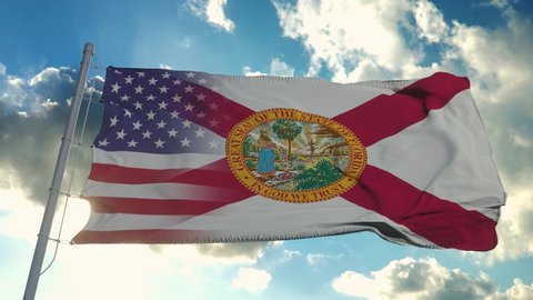 Flag of USA and Florida state. USA and Florida Mixed Flag waving in wind