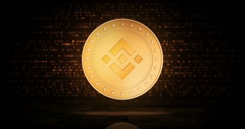 Binance, BNB cryptocurrency gold coin on loopable digital background. 3D seamless loop concept. Rotating golden metal looping abstract animation.