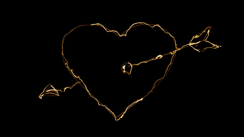 Effects of dynamic glow of the contour of a heart pierced by an arrow of cupid on a black background. Neon design elements. Futuristic glowing background. Looped Royalty-Free Stock Footage #1072632665