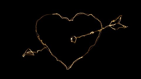 Effects of dynamic glow of the contour of a heart pierced by an arrow of cupid on a black background. Neon design elements. Futuristic glowing background. Looped