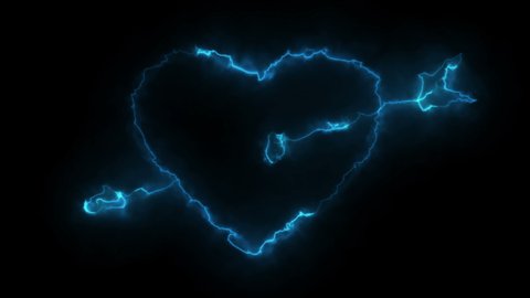 Effects of dynamic glow of the contour of a heart pierced by an arrow of cupid on a black background. Neon design elements. Futuristic glowing background. Looped