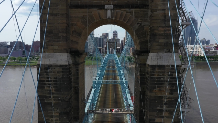 Pedestal upward from inside suspension bridge, lifintg up to reveal the Cincinnati skyline in the background.  Royalty-Free Stock Footage #1072633676