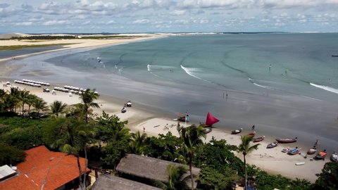 Jericoacoara Beach, Brazil. Travel  exotic tropical destinations. Jericoacoara, Ceara. Sand dunes on beach landscape.  Jericoacoara Beach, Ceara, Brazil. Aerial beach scene. Jericoacoara, Ceara.