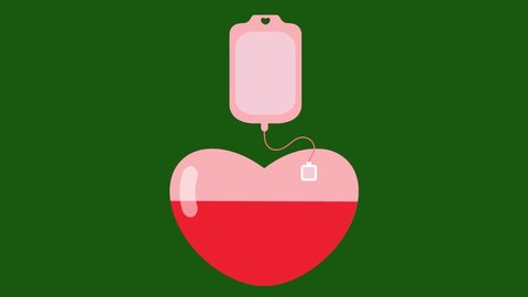 4k stock footage blood donation bag with blood transfusion to the heart, Blood donation campaign, Donating blood on chroma key green screen background animated video clip, medical stock video footage