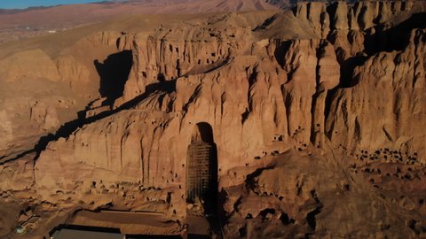 Ancient Buddha Sites At The Side Cliff In Bamyan Valley Of Central Afghanistan. - Aerial Shot