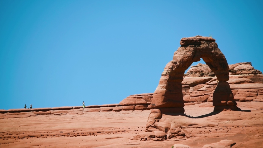 Panoramic view of Delicate Arch in Arches National Park, Utah. Zoomed view from lower viewpoint.