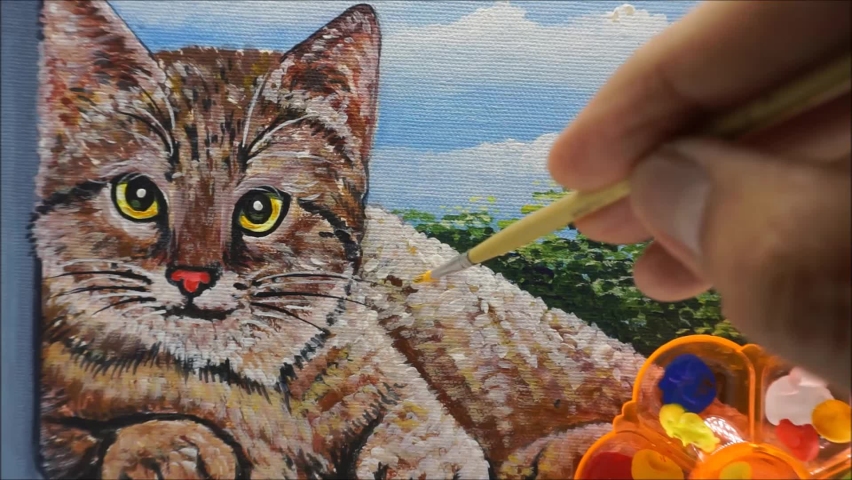 professional artist hand painted original impressionism masterpieces painter contemporary art oil painting drawn equipment for painting hobby activity at home beautiful cute cat and whisker face paintbrush and mixing palette fragment of artwork academy of art