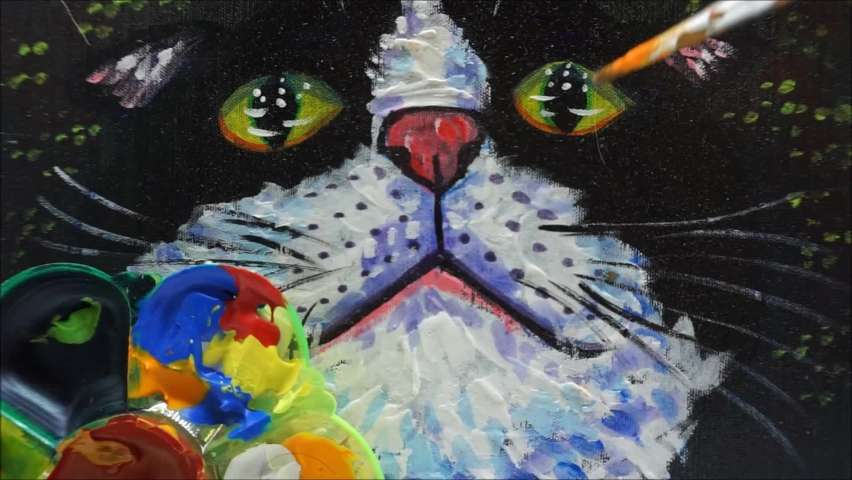 professional artist hand painted original impressionism masterpieces painter contemporary art oil painting drawn equipment for painting hobby activity at home beautiful cute cat and whisker face paintbrush mixing palette fragment of artwork academy of art kitten meaow meowing