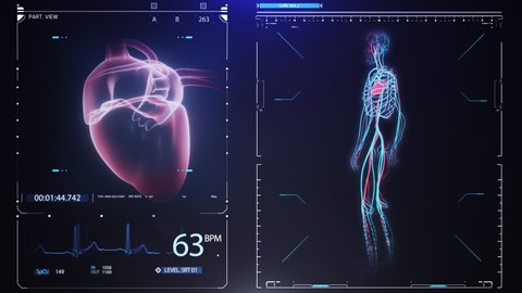 Human heart scan animation. Heart anatomy with futuristic interface. Hospital research. Futuristic hi-tech screen. Holographic medical application interface. Seamless loop.