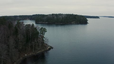 Drone aerial of forest on island in the Stockholm archipelago, Baltic Sea