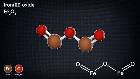 Iron(III) oxide (ferric oxide, hematite, ferric iron, red iron oxide, rouge). Formula Fe2O3. 3D render. Seamless loop. Chemical structure model: Ball and Stick.