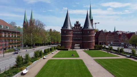 Famous Holsten Gate in the city of Lubeck Germany - aerial photography