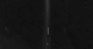 One Semi Truck with white trailer and red cab driving, traveling alone on dense flat forest asphalt straight road, highway top down view follow vehicle aerial footage. Freeway trucks traffic