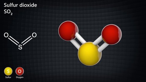 Sulfur (sulphur) dioxide, or Sulfur(IV) oxide, is the chemical compound with the formula SO2. It is a toxic gas. 3D render. Seamless loop. Chemical structure model: Ball and Stick.
