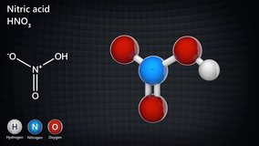 Nitric acid (Spirit of niter, Hydrogen nitrate) is the inorganic compound with the formula HNO3. 3D render. Seamless loop. Chemical structure model: Ball and Stick.