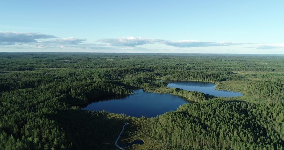 Aerial view of Finnish blue lakes and green forests. Seitseminen national park. Nature of Finland	