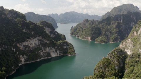 Drone shot of mountains and the lake at the national park of Thailand