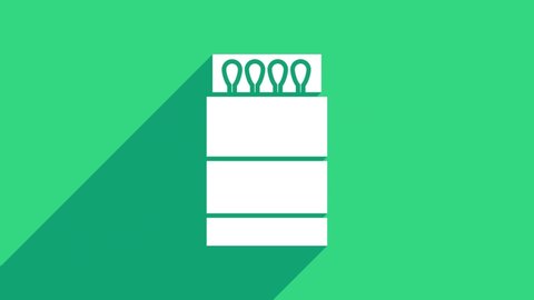 White Open matchbox and matches icon isolated on green background. 4K Video motion graphic animation.
