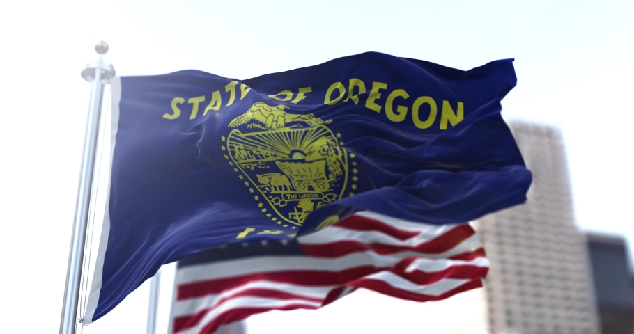 The flags of the Oregon state and United States waving in the wind. Democracy and independence. American state. Seamless 3D animation Royalty-Free Stock Footage #1072684967