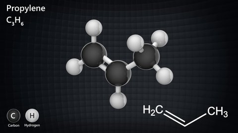 Propylene (Propene) is a colorless gas with a faint petroleum like odor. Formula: C3H6. 3D render. Seamless loop. Chemical structure model: Ball and Stick.