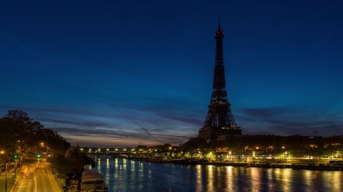 Sunrise Timelapse with Clouds over Paris, Eiffel Tower, Seine River, Lena Bridge and Traffic