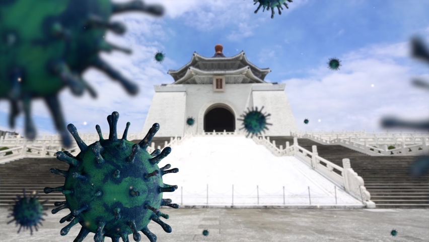 3D illustration flu coronavirus floating on landmark gate monument of Chiang Kai Shek memorial hall. Liberty Square at Taiwan and pandemic of Covid19 virus infection concept.-Dan