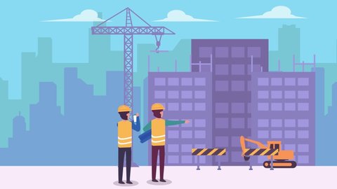 Two contractors animation checking the construction site building while holding blueprint. Cartoon in 4k resolution