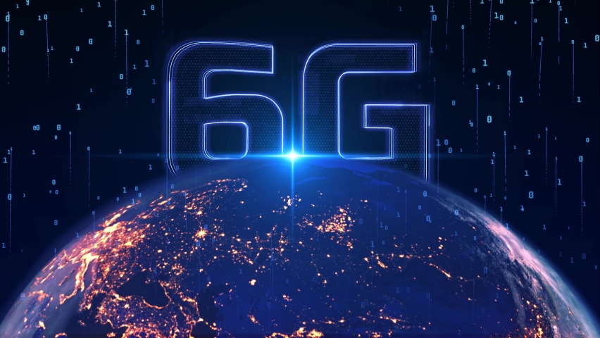 Earth Globe 6G Network Iot Internet Of Things Future Benefits. worldwild Orb Dark Blue Icons Loop Animation. Technology Background Of 6G Signal Transmission Internet Of Things Network Node Connection