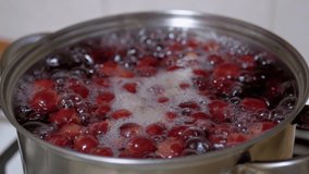 Cooking Vitamin Compote from Frozen Cherries, Blackberries in Home Kitchen. Rich, red, refreshing drink made from mixed cherries, blackberries. Boiling water with bubbles, foam. 4K. Close up.