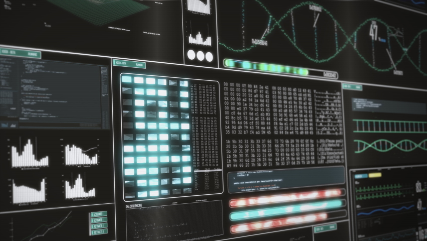 Minimalistic digital analysis graph animation with diagrams, data sets, curves, DNA sequences and information for screens, monitors and digital walls. Black background. - Powered by Shutterstock - Get 15% off with code: PIKWIZARD15