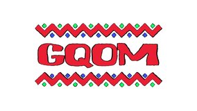 Gqom African pop music style. Animation text. 4K video. Red letters, element on white background. African music Gqom for title concert, national musical festival, broadcast, social media, podcast adv.